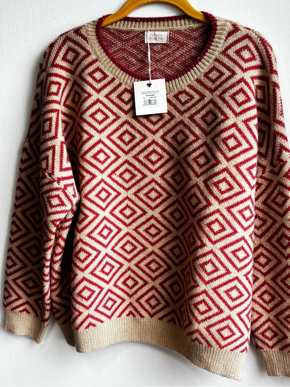 NKN Nekane Soft Orange & Beige Geometric
Jacquard/Diamond Knit Sweater NWT M/L